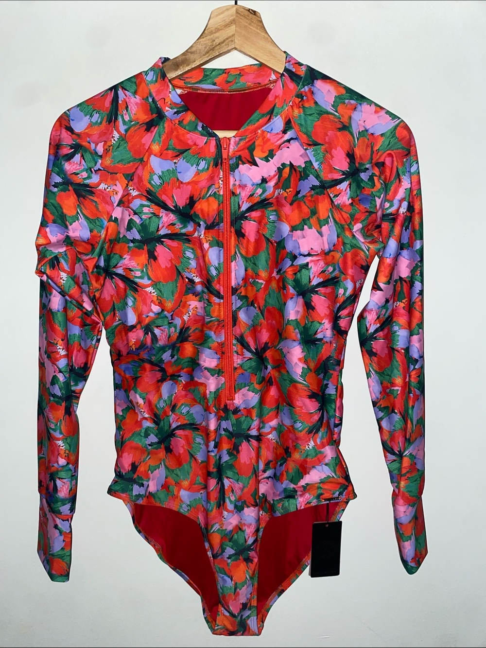 Relleciga Red Floral Zip-Front Swimsuit Size M